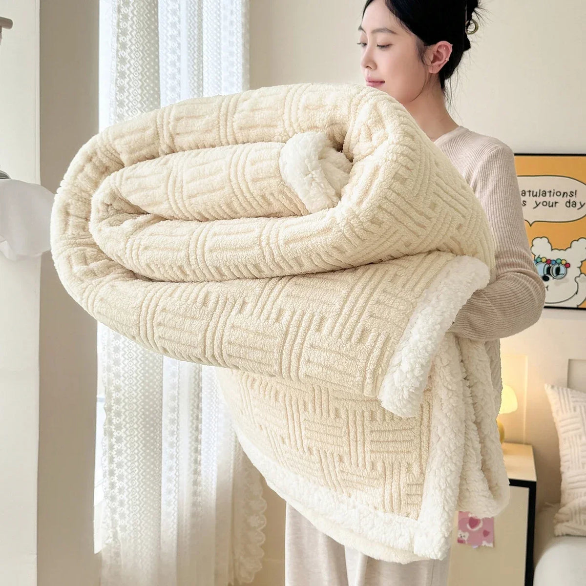 Throw Blanket, Double-Layer Vertical And Horizontal Striped Blanket, 3D Stripe Reversible, Ultra-Soft And Skin-Friendly for All Seasons, Suitable for Sofa/Bed/Office/Lunch Break/Travel, Machine Washable