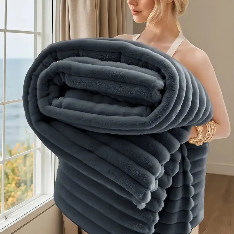 1pc Deluxe 3D Double-Sided Faux Rabbit Fur Blanket - Cozy, Warm, and Lightweight for Home, Office, Camping, or Sofa