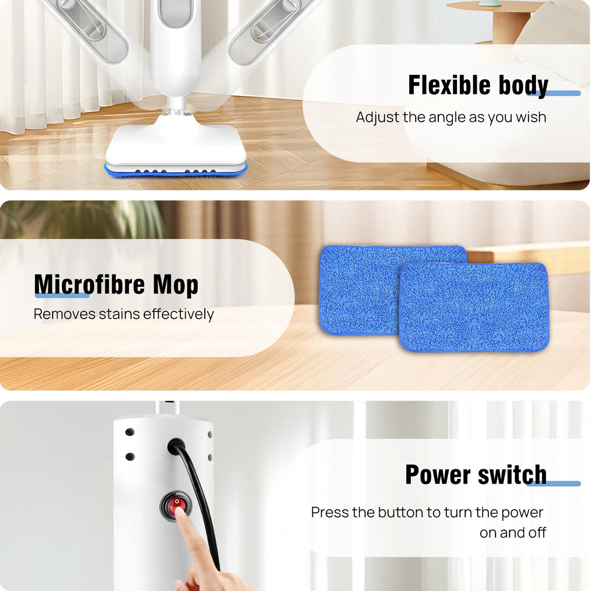 DayPlus Steam Mop & Detachable Steam Cleaner, 1500W Powerful Floor Steamer for Carpet Laminate Hardwood,2 Washable Pads, 400ml