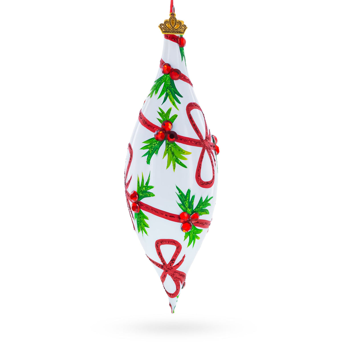 Holiday Ribbon on White Elongated Pointed Teardrop Finial Glass Christmas Ornament