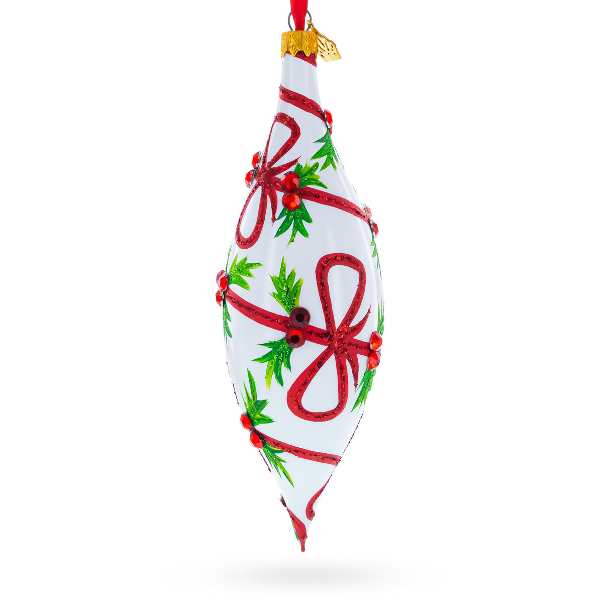 Holiday Ribbon on White Elongated Pointed Teardrop Finial Glass Christmas Ornament