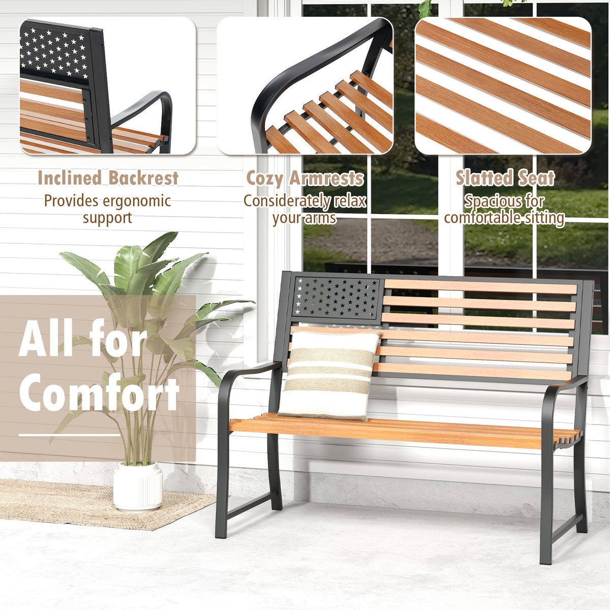 50 Inch Outdoor Garden Bench Flag Pattern Backrest Rustic 50 Inch Outdoor Garden Bench Flag Pattern Backrest Rustic