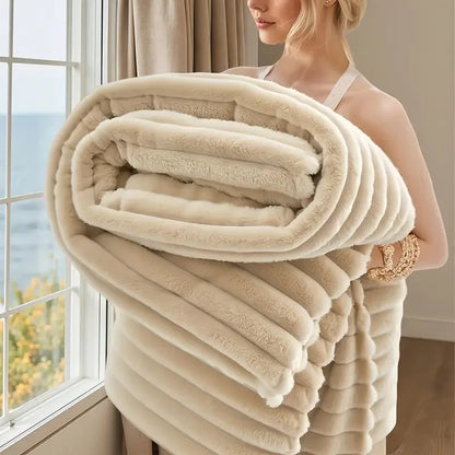 1pc Deluxe 3D Double-Sided Faux Rabbit Fur Blanket - Cozy, Warm, and Lightweight for Home, Office, Camping, or Sofa