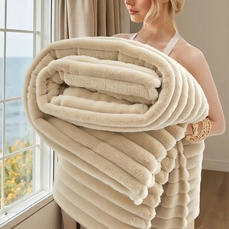 1pc Deluxe 3D Double-Sided Faux Rabbit Fur Blanket - Cozy, Warm, and Lightweight for Home, Office, Camping, or Sofa