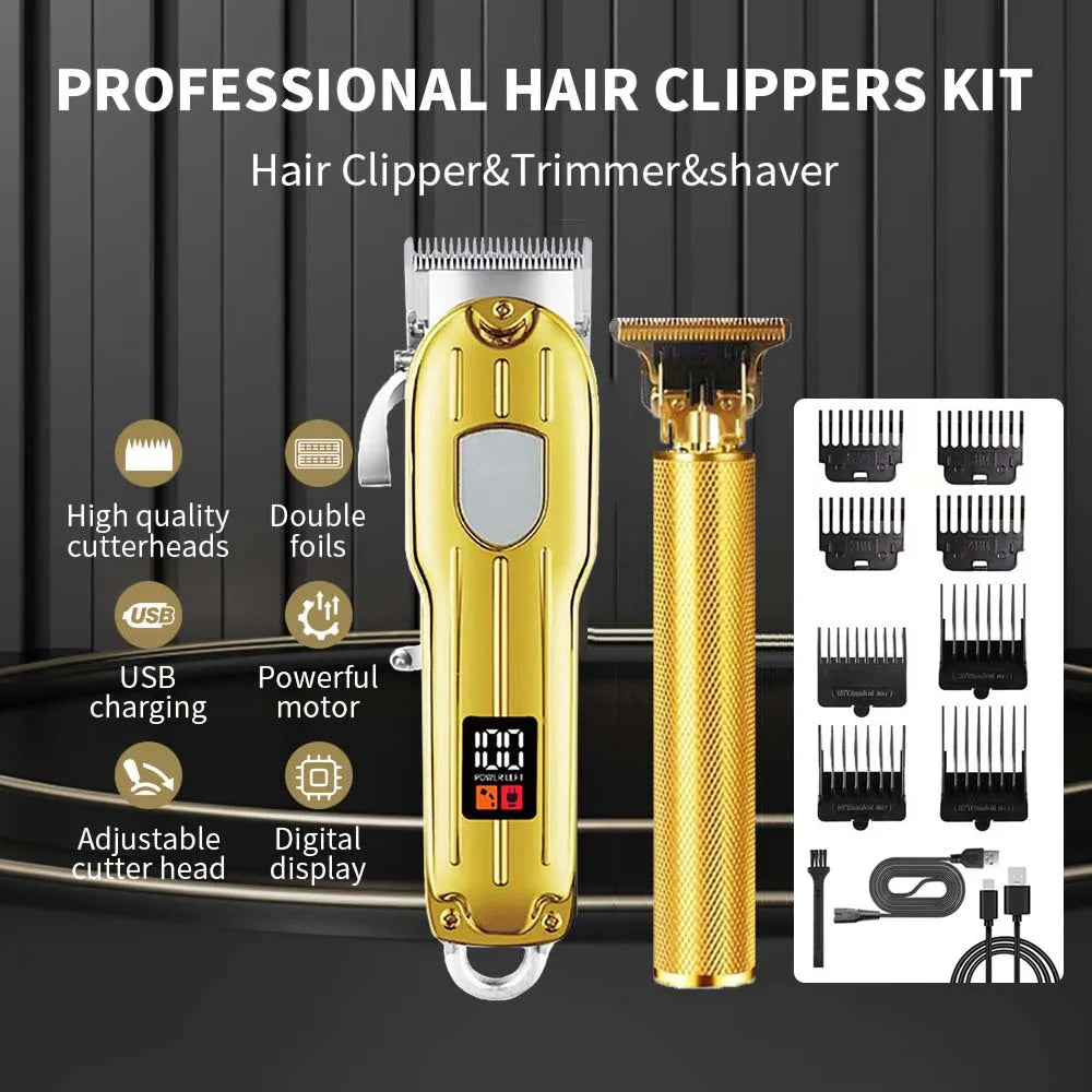 2 in 1 Electric Hair Clipper &amp; T-Blade Trimmer Set for Men – Cordless Beard Shaver &amp; Haircut Machine with LCD Display, USB Rechargeable Grooming Kit with 8 Guide Combs