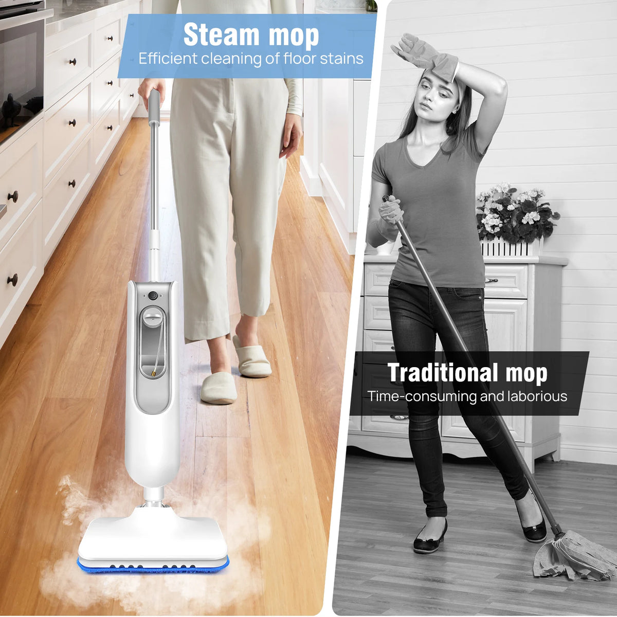 DayPlus Steam Mop &amp; Detachable Steam Cleaner, 1500W Powerful Floor Steamer for Carpet Laminate Hardwood,2 Washable Pads, 400ml