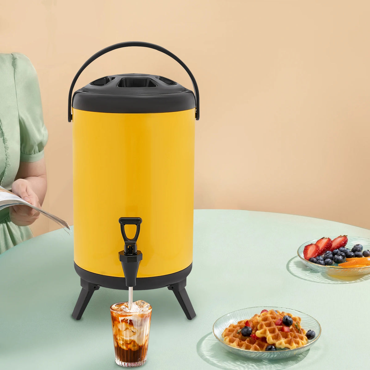 10L Stainless Steel Insulated Beverage Dispenser, Yellow Round Tabletop Drink Server with Spout, Hot &amp; Cold Drink Dispenser