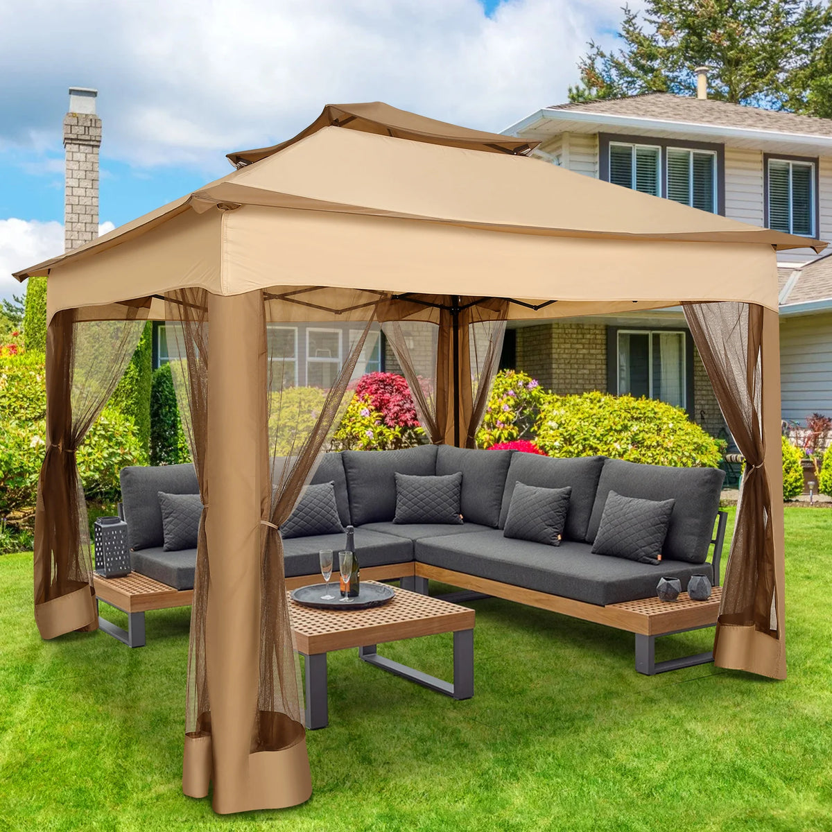 11x11 Pop Up Gazebo One-Push Canopy Tent with Mosquito Nettings, 10x10 Outdoor Canopy Shelter with Double Roof Ventiation