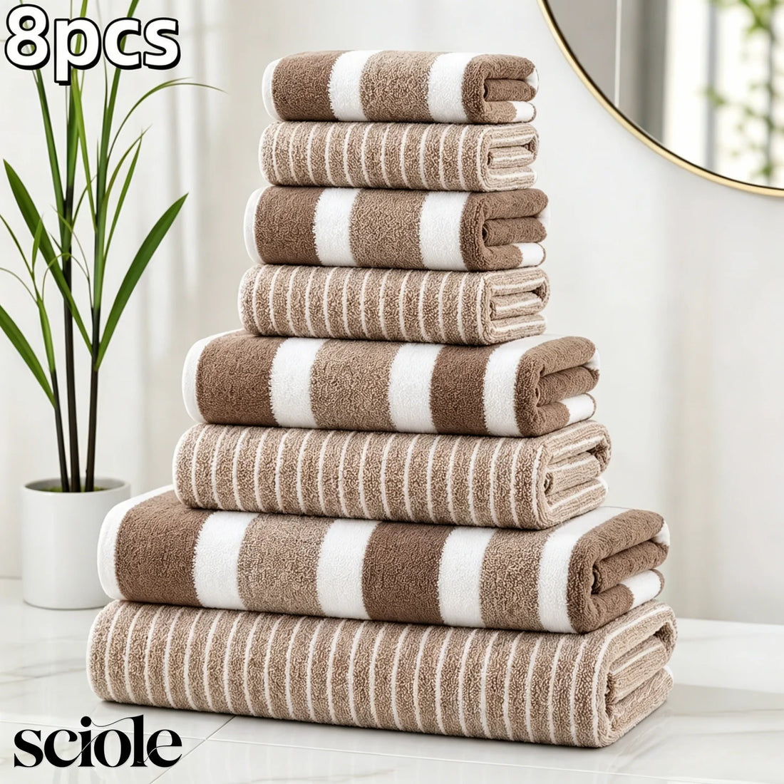 8-Piece Ultra Absorbent Towel Set, Lint-Free &amp; Super Soft Two-Tone Striped Bath Towel Collection, Premium Microfiber Bathroom Towel Set Includes 2 Bath Towels, 2 Face Towels &amp; 4 Hand Towels, Suitable for Bathroom, Spa &amp; Hotel