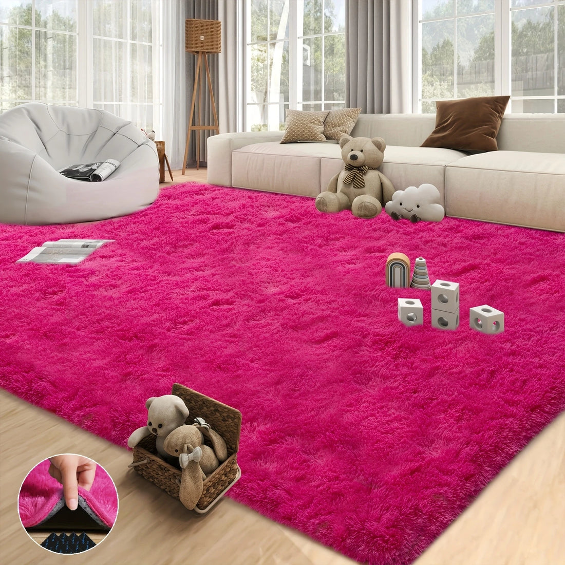 Hot Pink Soft Shaggy Non-Slip Rugs for Living Room/Bedroom/Nursery–Luxury Plush Carpet with 4 Rug Stickers,Ideal Room Decor Rug