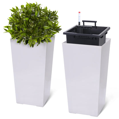 15.7"/22.5" Tall Planters Set Of 2, Self Watering Indoor Outdoor Front Porch Planter Pots With Drainage &amp; Monitor Bucket