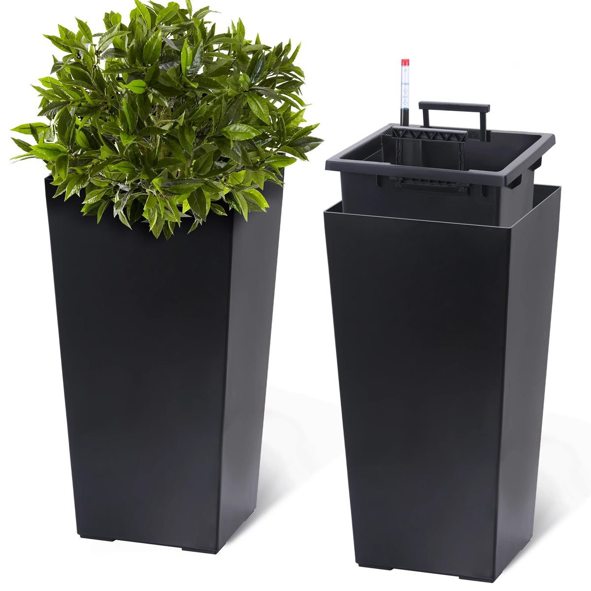 15.7"/22.5" Tall Planters Set Of 2, Self Watering Indoor Outdoor Front Porch Planter Pots With Drainage &amp; Monitor Bucket