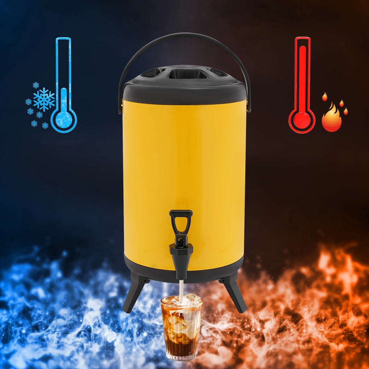 10L Stainless Steel Insulated Beverage Dispenser, Yellow Round Tabletop Drink Server with Spout, Hot &amp; Cold Drink Dispenser