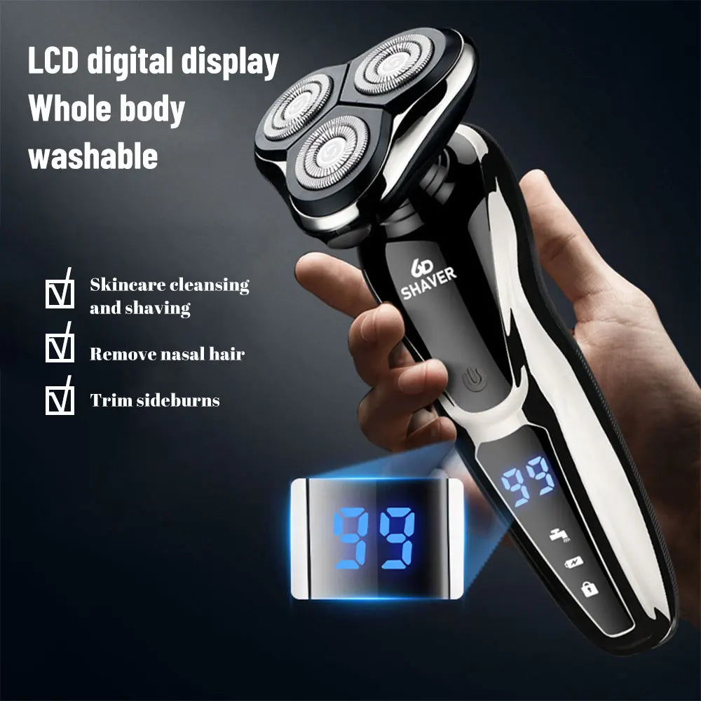 3 In 1 Electric Shaver For Men 6D Floating Triple Blade Razor Whole Body Washable Wet Dry Use LCD Digital Display Rechargeable Beard Trimmer Nose Hair Trimmer