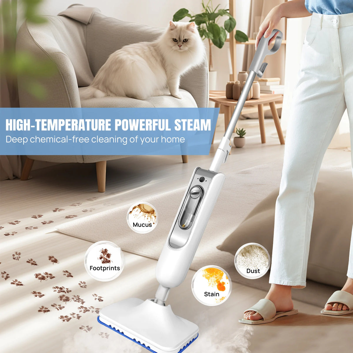 DayPlus Steam Mop &amp; Detachable Steam Cleaner, 1500W Powerful Floor Steamer for Carpet Laminate Hardwood,2 Washable Pads, 400ml