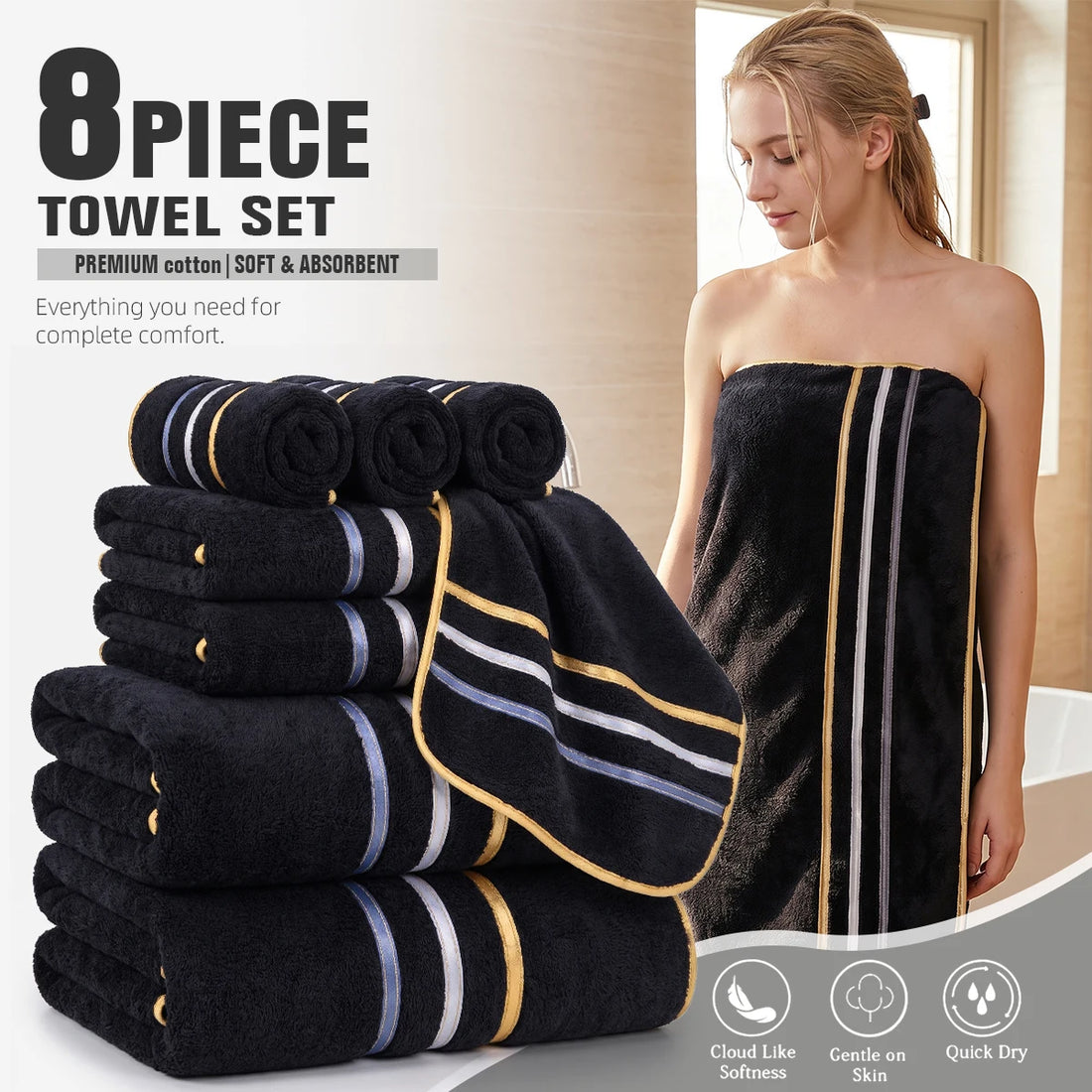 8‑Piece Towel Set, 2 Bath Towels + 2 Hand Towels + 4 Face Towels, Soft &amp; Comfortable, High Water Absorbency, Bathroom Towels