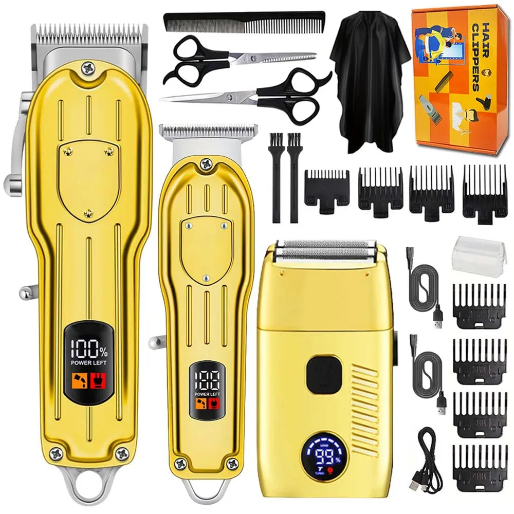 Professional Electric Hair Clipper Set with LED Display, USB Rechargeable Beard Trimmer &amp; Foil Shaver for Men – Includes Guards, Scissors, Comb &amp; Cape