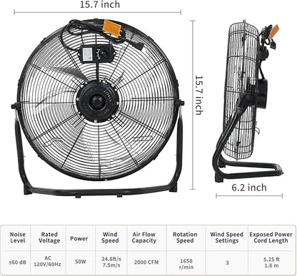 12/20 Inch Floor Fan, 3 Speeds 4800 CFM High Velocity Heavy Duty Industrial Fan, 360° Adjustable Tilt,Cooling for Industrial Home