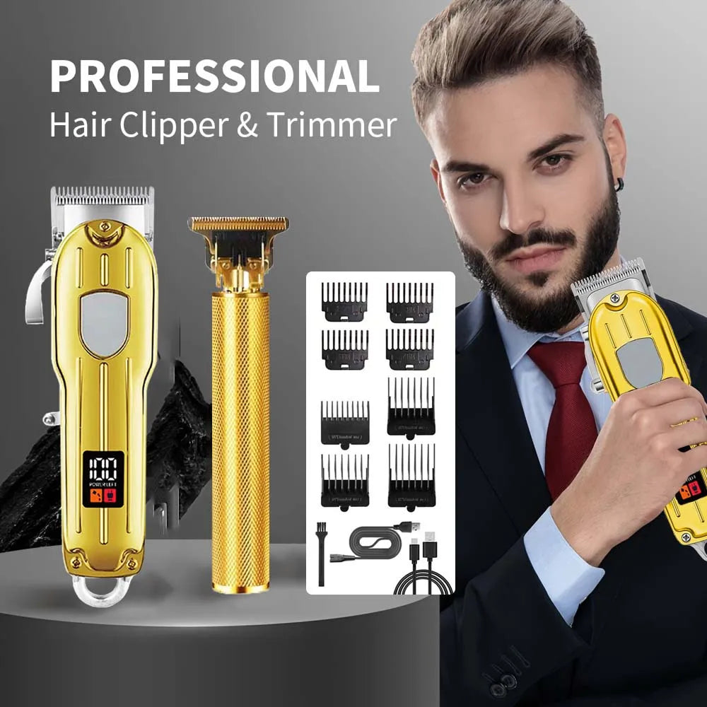 2 in 1 Electric Hair Clipper &amp; T-Blade Trimmer Set for Men – Cordless Beard Shaver &amp; Haircut Machine with LCD Display, USB Rechargeable Grooming Kit with 8 Guide Combs