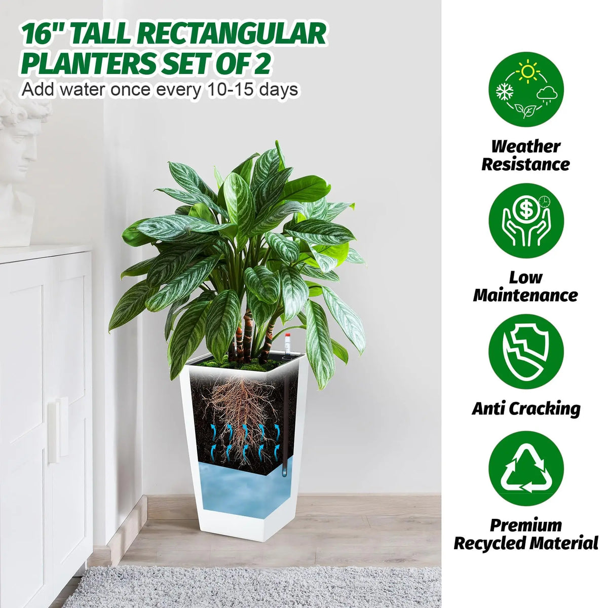 15.7"/22.5" Tall Planters Set Of 2, Self Watering Indoor Outdoor Front Porch Planter Pots With Drainage &amp; Monitor Bucket