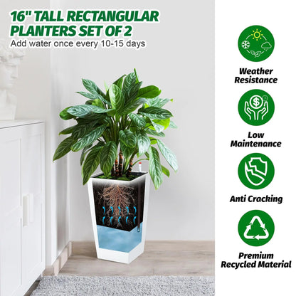 15.7"/22.5" Tall Planters Set Of 2, Self Watering Indoor Outdoor Front Porch Planter Pots With Drainage &amp; Monitor Bucket