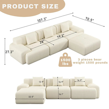 107in Modular Sectional Sofa with Ottoman L-Shape Deep Seat Corduroy Memory Foam No Assembly Living Room Furniture Custom