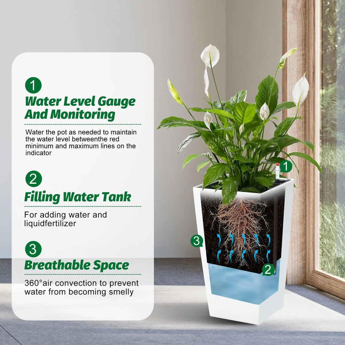 15.7"/22.5" Tall Planters Set Of 2, Self Watering Indoor Outdoor Front Porch Planter Pots With Drainage &amp; Monitor Bucket
