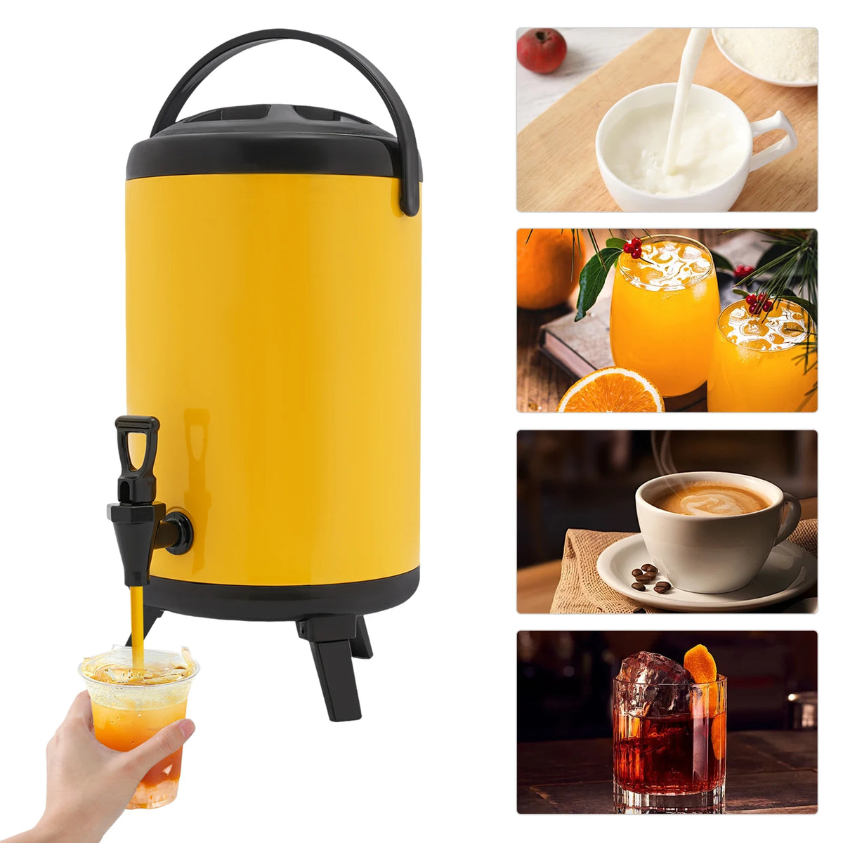 10L Stainless Steel Insulated Beverage Dispenser, Yellow Round Tabletop Drink Server with Spout, Hot &amp; Cold Drink Dispenser