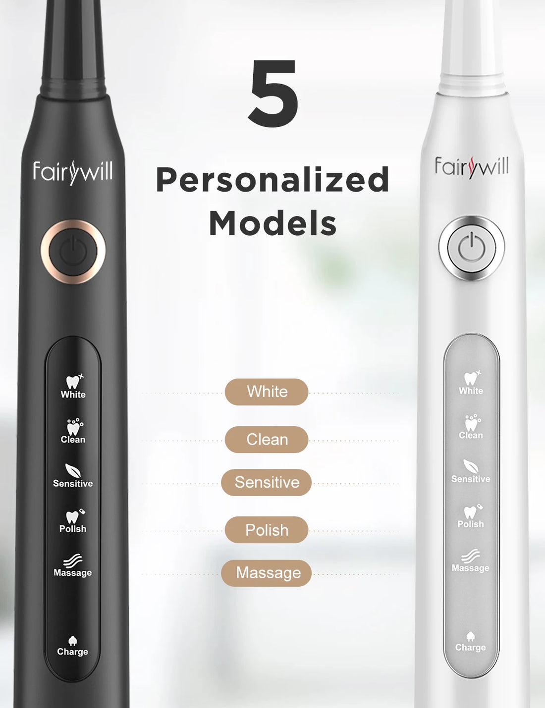 Fairywill Sonic Electric Toothbrush FW-D7 Set USB Charge Toothbrushes Case for Adult with Tooth Brush Heads 5 Mode Smart Time