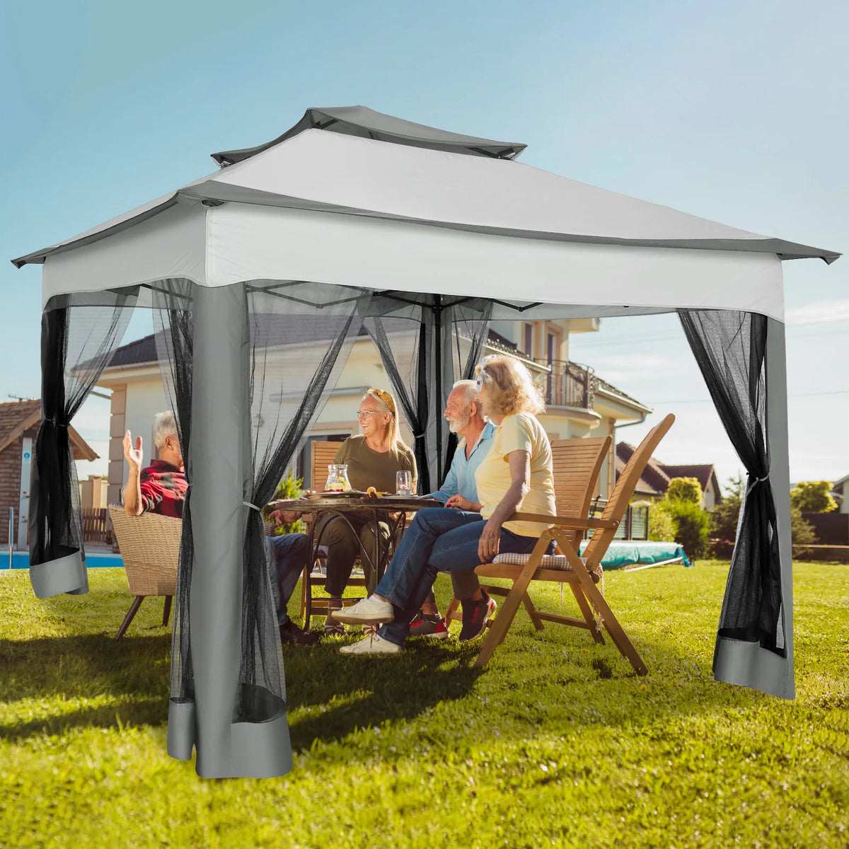 11x11 Pop Up Gazebo One-Push Canopy Tent with Mosquito Nettings, 10x10 Outdoor Canopy Shelter with Double Roof Ventiation