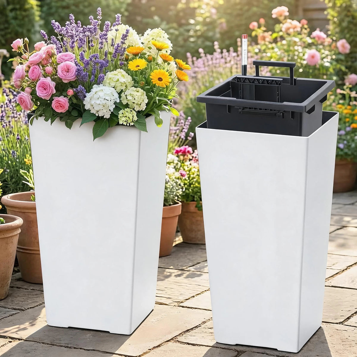 15.7"/22.5" Tall Planters Set Of 2, Self Watering Indoor Outdoor Front Porch Planter Pots With Drainage &amp; Monitor Bucket