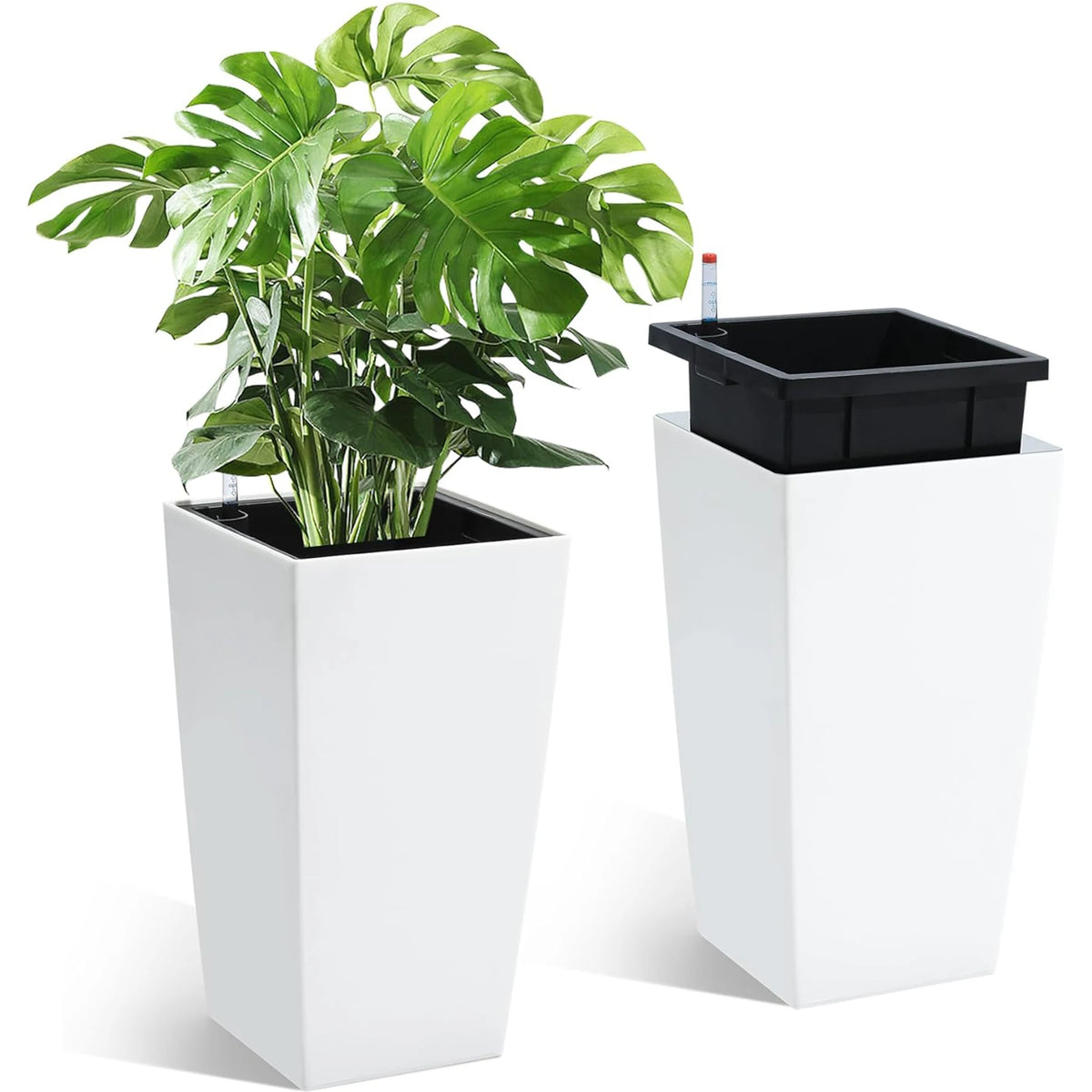 15.7"/22.5" Tall Planters Set Of 2, Self Watering Indoor Outdoor Front Porch Planter Pots With Drainage &amp; Monitor Bucket