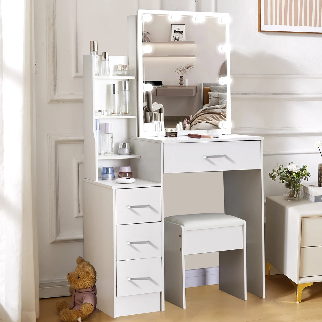 LED Vanity Table with Sliding Mirror, White Makeup Desk 4 Drawers Stool, Dressing Table for Women, Glam Furniture