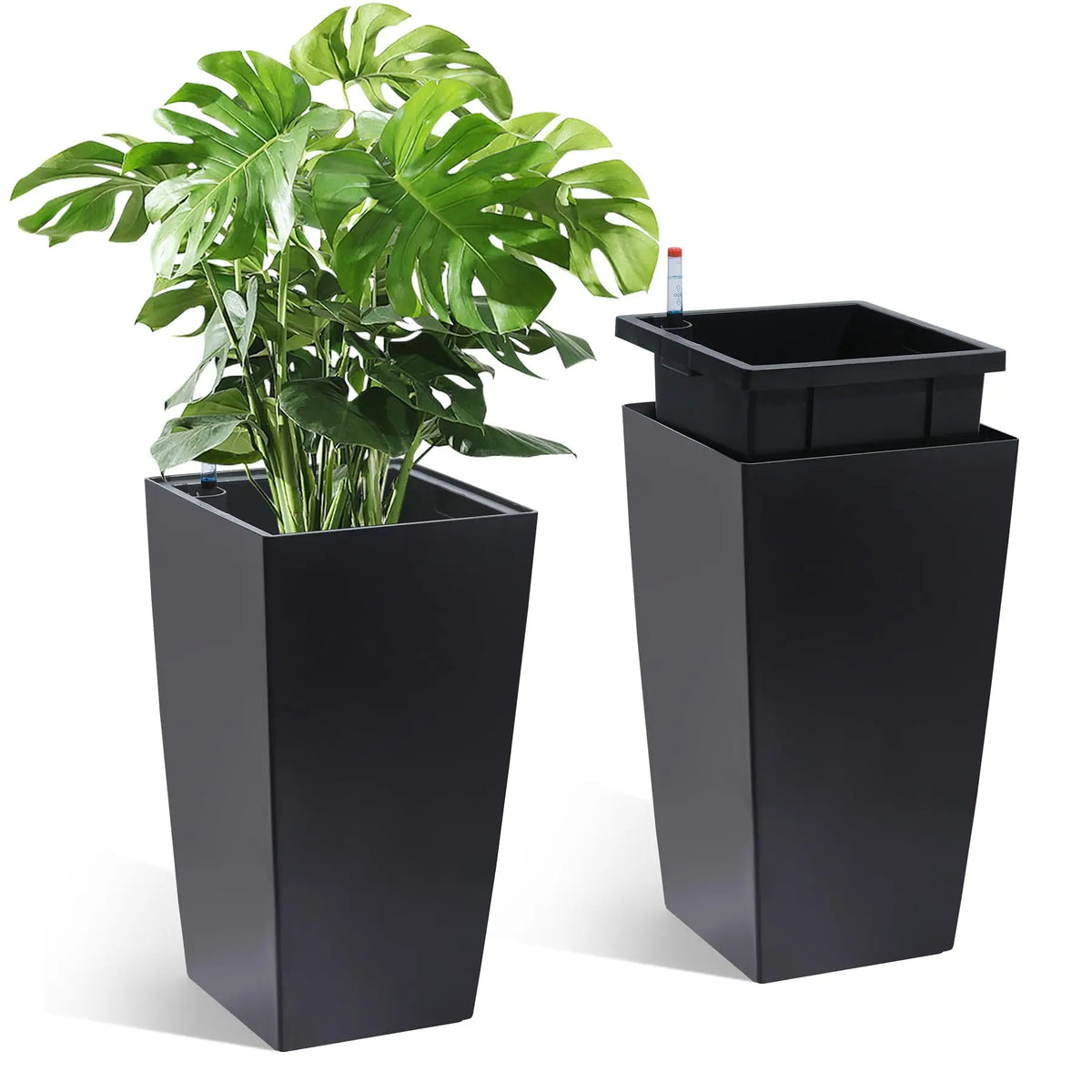 15.7"/22.5" Tall Planters Set Of 2, Self Watering Indoor Outdoor Front Porch Planter Pots With Drainage &amp; Monitor Bucket
