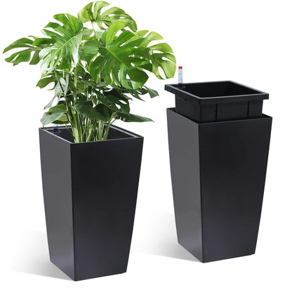15.7"/22.5" Tall Planters Set Of 2, Self Watering Indoor Outdoor Front Porch Planter Pots With Drainage &amp; Monitor Bucket