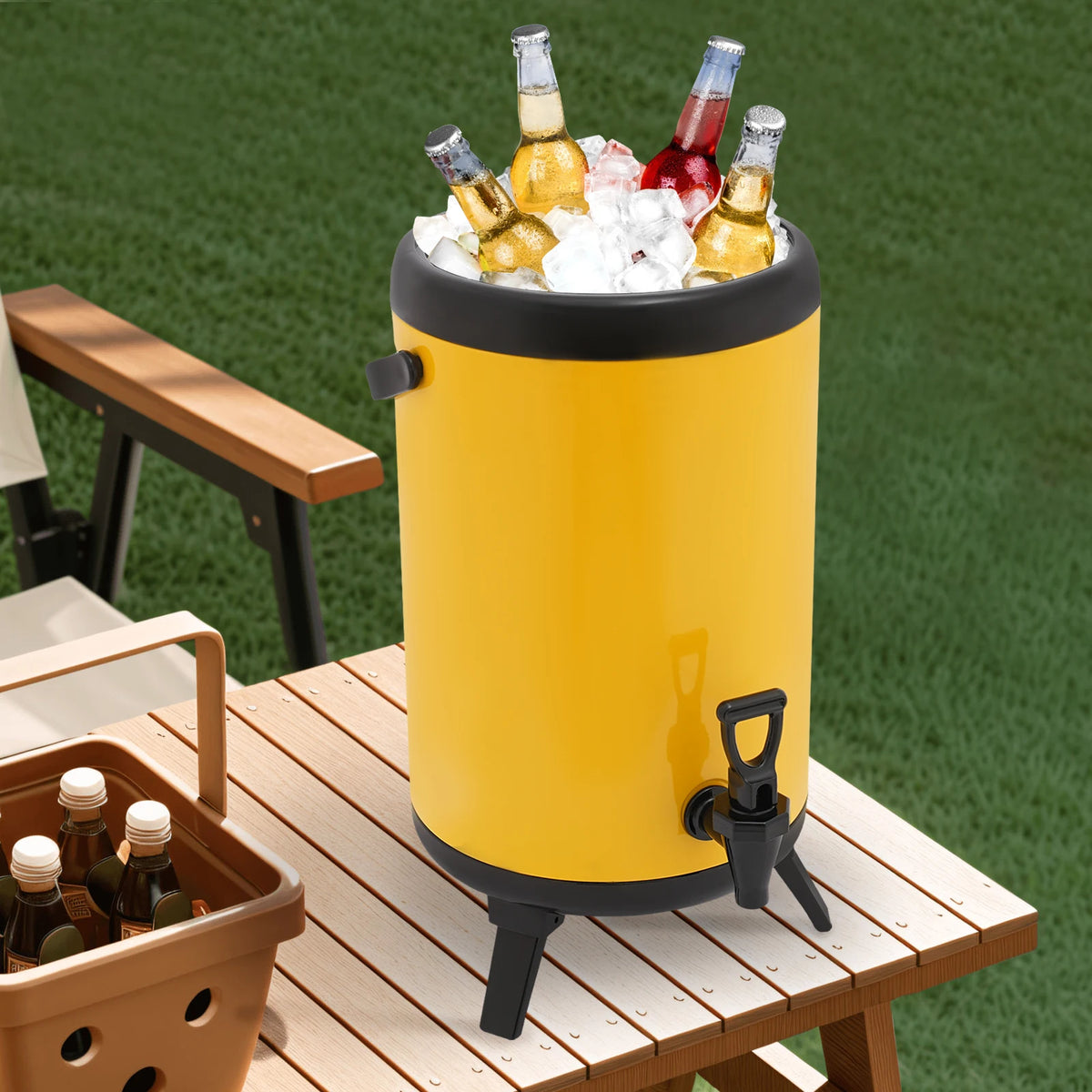 10L Stainless Steel Insulated Beverage Dispenser, Yellow Round Tabletop Drink Server with Spout, Hot &amp; Cold Drink Dispenser