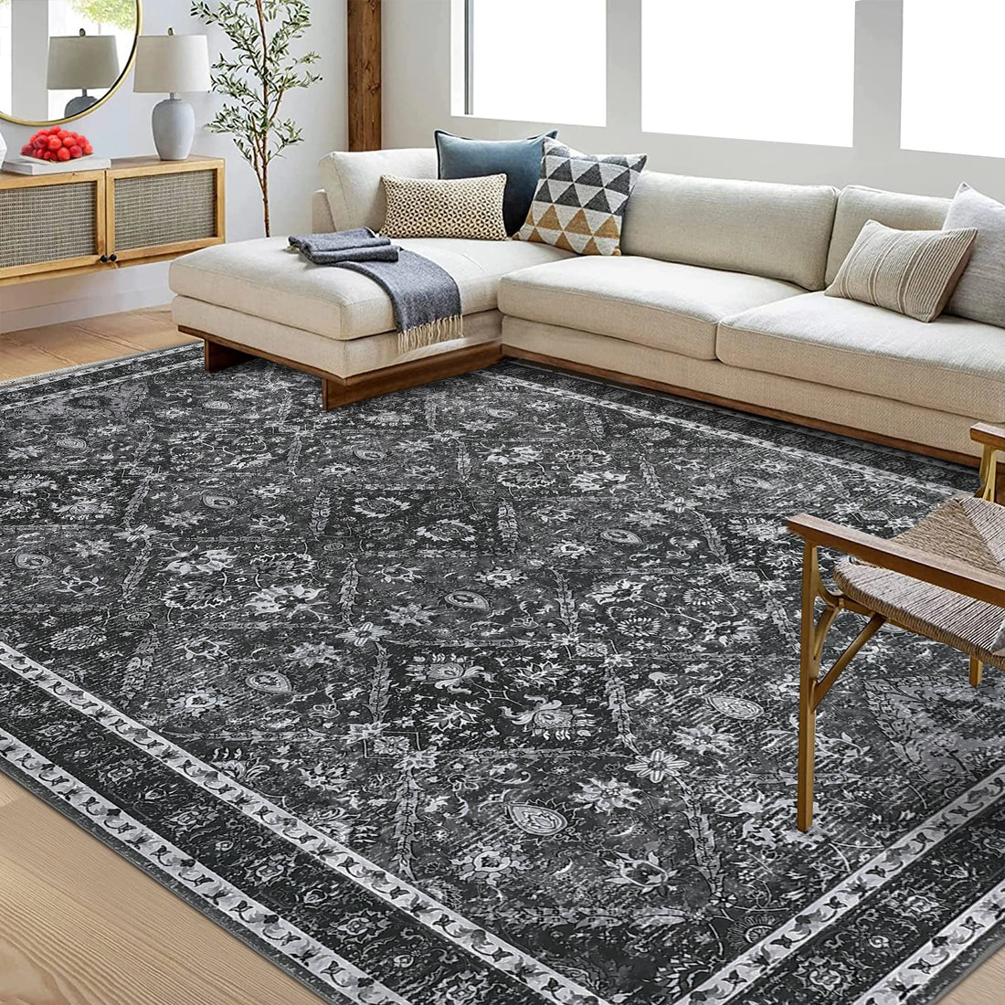 Rug for Living Room, Machine Washable, Non-Slip,Stain &amp; Water Resistant, Low-Pile Moroccan Trellis Hallway Vintage Foldable Rug