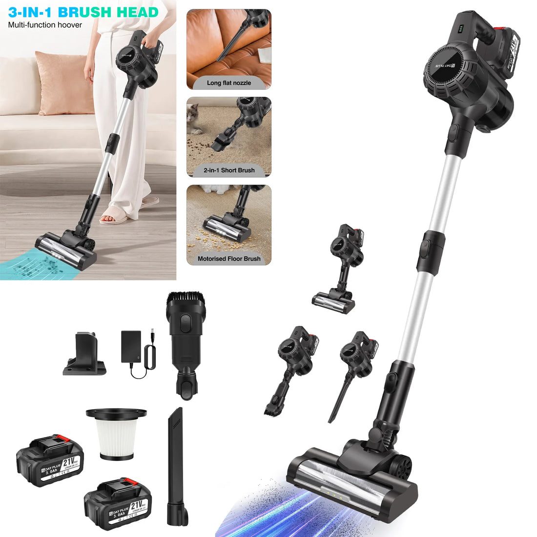 DayPlus 3 IN 1 Cordless Vacuum Cleaner 3800W Hoover Upright Lightweight Handheld Bagless Stick Vacuum Cleaner Brushless 30KPA