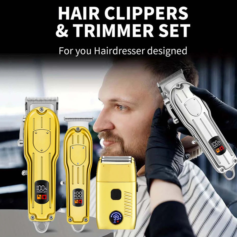 Professional Electric Hair Clipper Set with LED Display, USB Rechargeable Beard Trimmer &amp; Foil Shaver for Men – Includes Guards, Scissors, Comb &amp; Cape