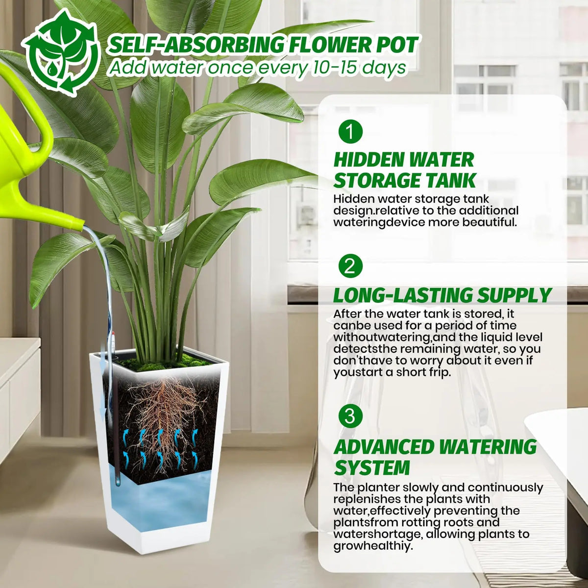 15.7"/22.5" Tall Planters Set Of 2, Self Watering Indoor Outdoor Front Porch Planter Pots With Drainage &amp; Monitor Bucket
