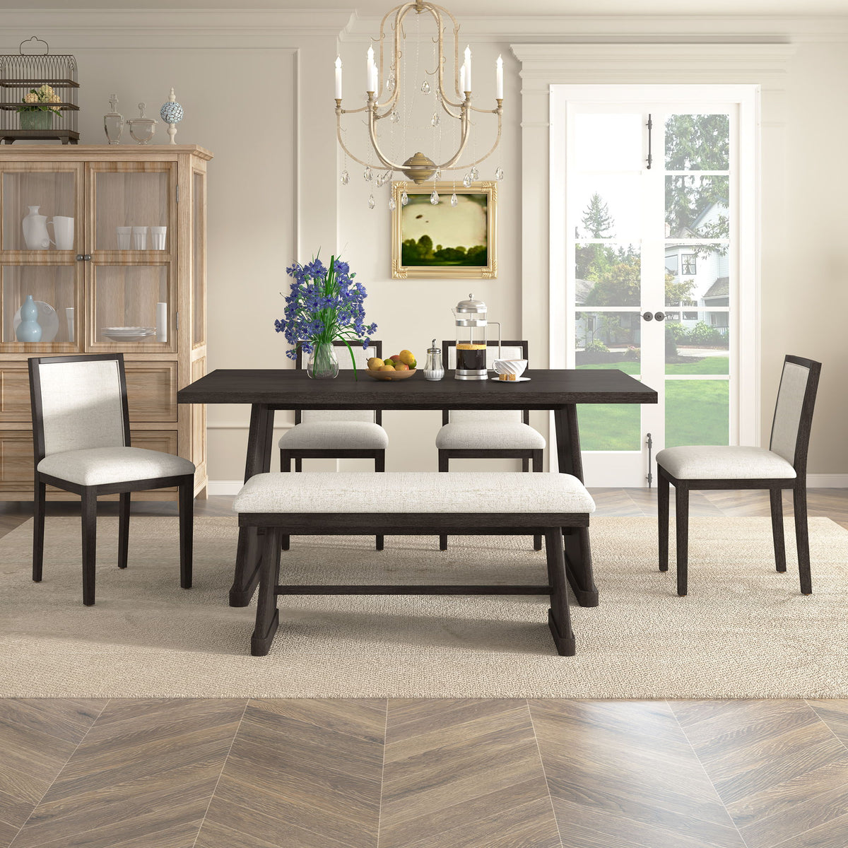 Dining Set With Rectangular Table, 4 Upholstered Chairs &amp; 1 Padded Bench