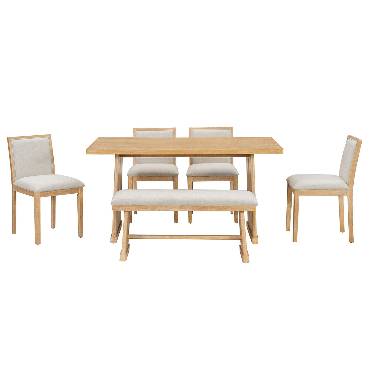 Dining Set With Rectangular Table, 4 Upholstered Chairs &amp; 1 Padded Bench