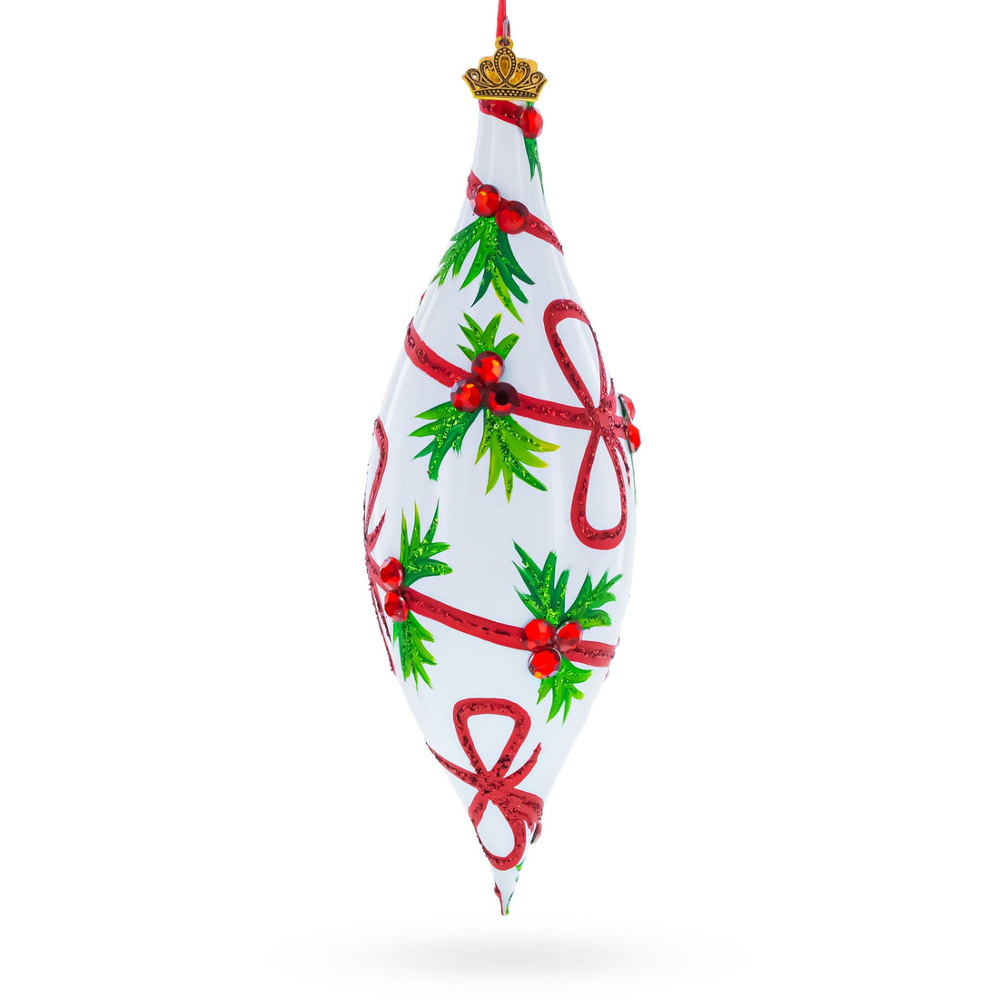 Holiday Ribbon on White Elongated Pointed Teardrop Finial Glass Christmas Ornament