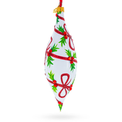 Holiday Ribbon on White Elongated Pointed Teardrop Finial Glass Christmas Ornament